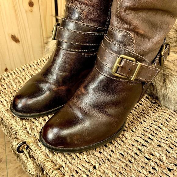 Arturo Chiang Brown Knee High Boots Distressed Leather High Heel Womens Size 7.5 - Picture 8 of 16